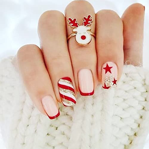 Christmas Fake Nails French Tip Press on Nails Short False Nails with Nail Glue Stripe Stars Design Full Cover Stick on Nails Acrylic Artificial Nail for Women Girls Manicure Art 24Pcs（Red Gold）