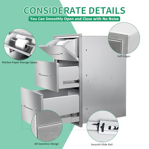 Image of Outdoor Kitchen Drawers 17 inch W x 30 inch H x 20 inch D Stainless Steel Paper Towel Drawers with Ergonomic Handle for BBQ Island, Patio Grill Station & Outdoor Kitchen Cabinets