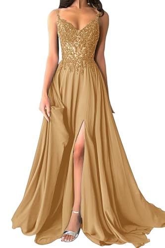 Lqdyrt - Lqdyrt Lace Applique Gold Prom Dress - Chiffon A-Line Formal Dress with V-Neck and Slit - Best Deal on Amazon