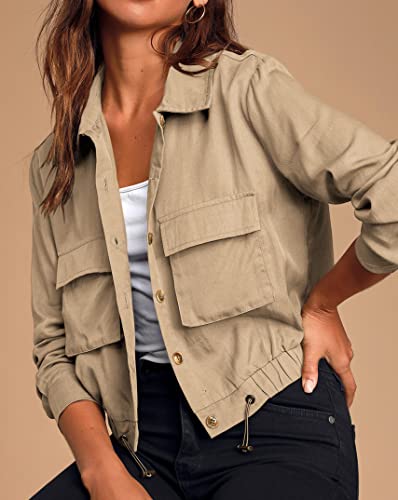 Onedreamer Women's Military Safari Cropped Jackets Button Down Lightweight Oversized Utility Anorak Coat With Pockets #TOP2