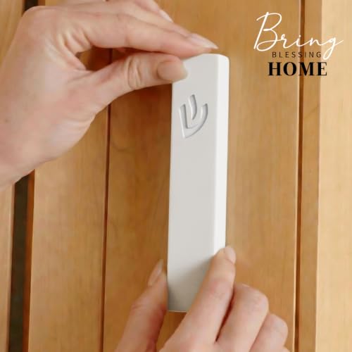 Image of SURI Mezuzah for Door - 6 Inch White Concrete Mezuzah Case with Non Kosher Scroll, Self-Stick Jewish Entry Design, Fits a 5 Inch Scroll, Gift Box Included