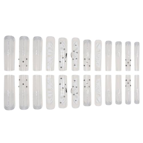 Foccna Press On Nails Super Long Rhinestone White Fake Nails Square Bling Glossy Butterfly False Nail Tips Artificial Nails Finger Manicure For Women And Girls-24Pcs thumb #1