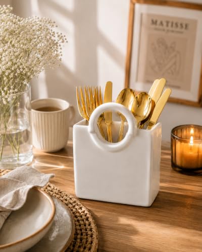 Image of Ceramic Utensil Holder, White Kitchen Organiser, Cutlery Set Holder (White)