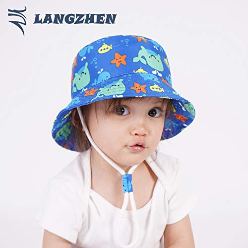 Image of LANGZHEN Sun Protection Hat for Kids Toddler Boys Girls Wide Brim Summer Play Hat Cotton Baby Bucket Hat with Chin Strap