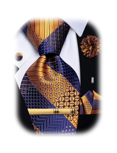 Image of YourTies Striped Plaid Ties for Men Silk Formal Necktie Set | 3.15 inch(8cm) Woven Jacquard Mens Ties with Necktie Pocket Square Cufflink Tie Clip Lapel Pin for Wedding Business Party