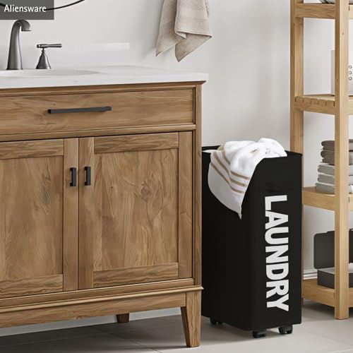 Image of Aliensware Laundry Basket Foldable with Wheels & Side Handle, Washing Clothes Storage Basket, Oxford Cloth Bin, Toy Storage Organizer,Movable Solution,Portable Laundry Bag,Collapsible Hamper-Black