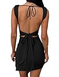 BEAGIMEG Women's Sexy Bodycon Sleeveless Backless Side Slit Ruched Lace Up Party Club Evening Mini Dress Black