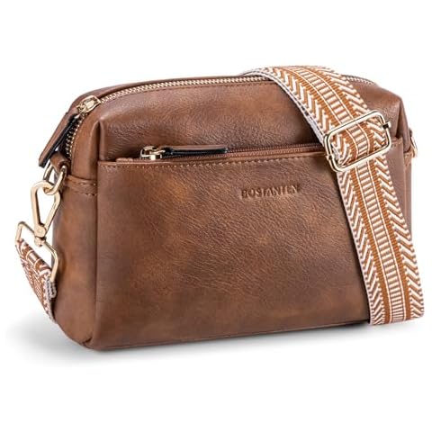 BOSTANTEN Small Crossbody Purse for Women Triple Zip Cell Phone Leather Shoulder Handbag with Wide Guitar Strap Brown Cover