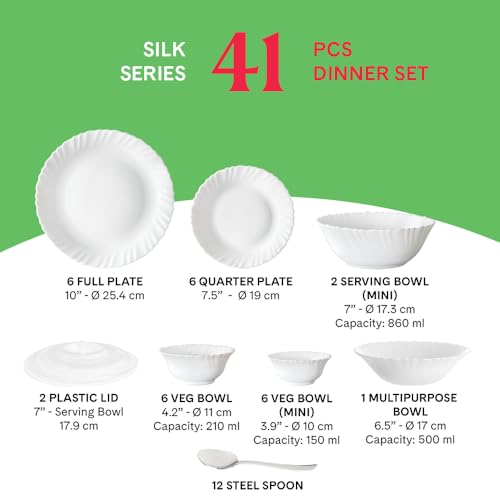 Image of Larah by Borosil 41pc Opalware Silk Series Dinner Set with Steel Spono | for Family of 6 | Microwave & Dishwasher Safe | Bone-Ash Free | Crockery Set for Dining & Gifting | Plates & Bowls (Blue IRIS)