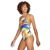 Speedo Women's Swimsuit One Piece Endurance Turnz Tie Back Printed, High Neck Block Tropics, 32