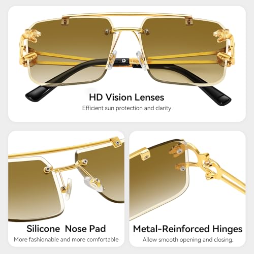 Dollger Rimless Sunglasses for Men Square Fashion Shades Tinted Lens Metal Frameless Rectangle Y2K Glasses UV4004