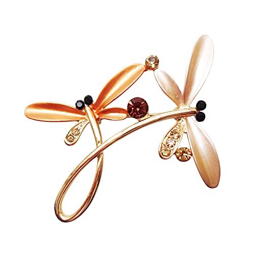 Image of Navachi 18k Gold Plated Multicolor Enamel White Crystal Double Dragonfly Wings Brooch Pins