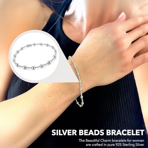 Sterling Silver Bracelets for Women - Exudes Beauty And Elegance - Stretch Beaded Charm Bracelet 925 Silver Bangles Jewelry Great For Birthday Gifts Birthday Anniversary - 7.5 Inches4