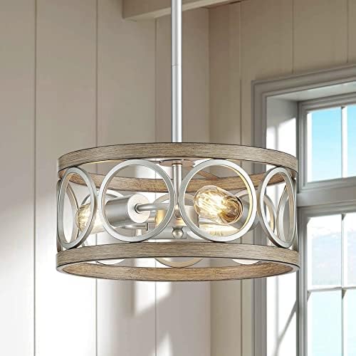 XINGQI 13" Adjustable Height Rustic Pendant Lighting Mini Drum Chandelier 3 Light Vintage Hanging Ceiling Light Fixture for Dining Room Kitchen Island Living Room Bedroom Foyer Hallway, Brushed Nickel