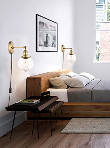 Image of Phansthy Wall Sconce with Switch Antique Bronze Bathroom Light Fixture with 5.9 Inches Globe Glass Light Shade (Antique Gold, Globe Glass Shade)