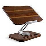 Birchline Wooden Laptop & Book Stand for Desk – 360° Rotating Walnut Base, Adjustable Ergonomic Riser Reduces Neck & Shoulder Strain, 17 cm Pencil Groove & Clips for 10–17.3″ Laptops, Tablets, Books