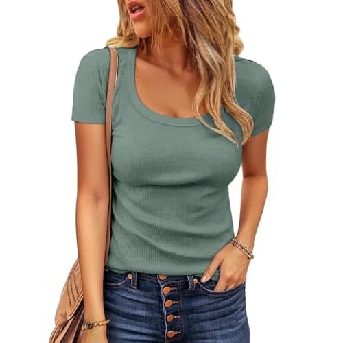 VICHYIE Womens Summer Short Sleeve Tops Square Neck Loose Tunics Henley Casual Shirt Tee Tshirt Medium Blue Green