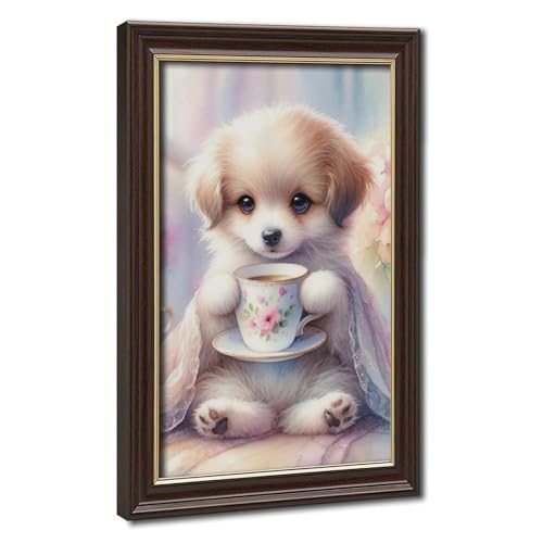 Poster toile chiot boit café déco chambre 20x30 cm