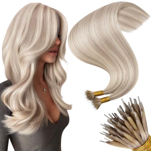 Moresoo Nano Hair Extensions Real Human Hair, Ash and White Blonde, 14 Inch