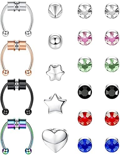 MILACOLATO 21Pcs Magnetic Septum Nose Ring Horseshoe Fake Nose Ring Hoop Stainless Steel Non Piercing Clip on CZ Earrings Fake Nose Stud Earrings Set for Women Men