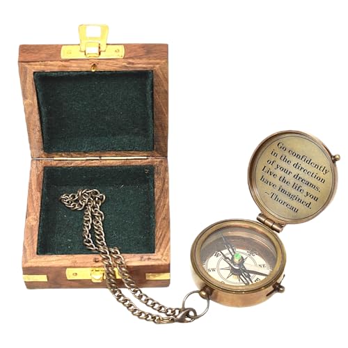 Brújula magnética antigua grabada con caja de madera miniatura 7