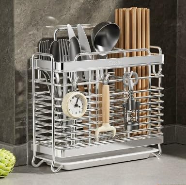 包丁スタンド 包丁差し ステンレス コンパクト 軽量 頑丈 耐久 斜めデザイン 包丁が出し入れしやすい 水切りトレー デザイン 通気性 水切り モダン おしゃれ 研ぎ棒 はさみ シェフナイフ フルーツナイフ キッチン収納 家庭用 業務用 (厚みのあるタイプ