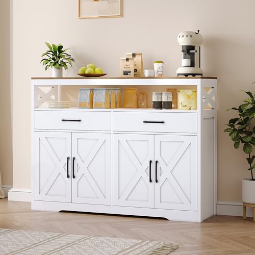 MIOOSUT Buffet de Cuisine Rangement, Meuble Cuisine Blanc, Buffet Bas Salle a Mangeravec Rangement, avec 4 Portes 2 Tiroirs étagères Réglables, pour Salon Salle à...