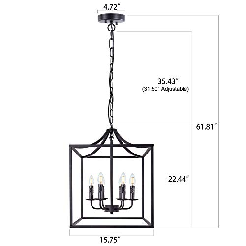 Wellmet Foyer Chandelier Lantern Pendant Light, 6 Lights Black Modern Farmhouse Square Chandelier, Hanging Ceiling Lighting Fixture For Hall, Stairway, Kitchen Island, Dining Living Room, 15.75”W #TOP2