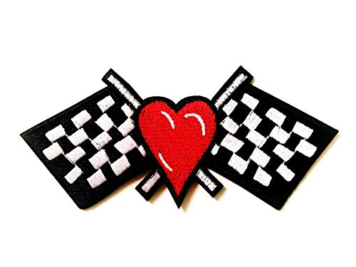 Red Heart Checkered Black White Flag Race Track Racing Biker Motorcycle Jacket Vest Sew On Iron On Embroidered Applique Patch #TOP1