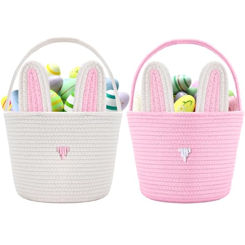 Image of Colingmill 2 Pieces Easter Bunny Basket with Handle Woven Empty Rabbit Basket for Easter Egg Hunt Cute Candy Gifts Storage Party Favors Supplies(White, Pink)
