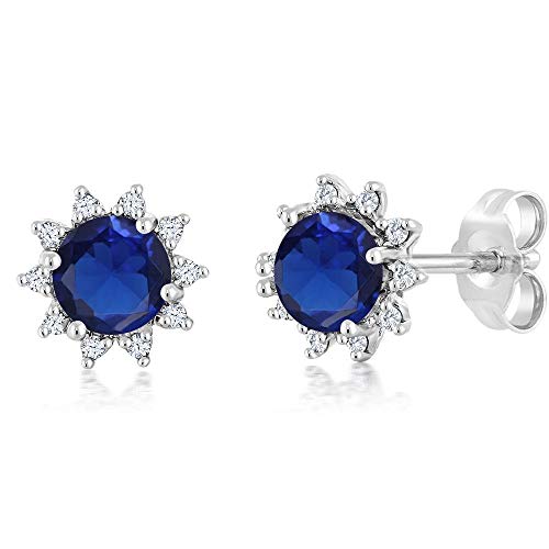 Gem Stone King 18K White Gold Blue Created Sapphire And White Diamond Stud Earrings For Women (0.50 Cttw, Gemstone Birthstone, Round 4Mm) #TOP27