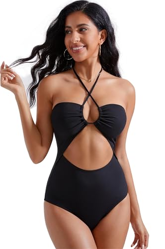 RXRXCOCO Womens Ribbed Cutout One Piece Swimsuit Tie Knot Front Halter Bathing Suit3