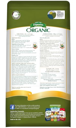 Espoma Organic Alfalfa Meal Fertilizer 2-0-2. All-Natural Plant Food Source of Nitrogen and Potassium for Organic Gardening. Use for Roses, Flowers, Veggies, Trees & Shrubs. 3 lb. Bag.