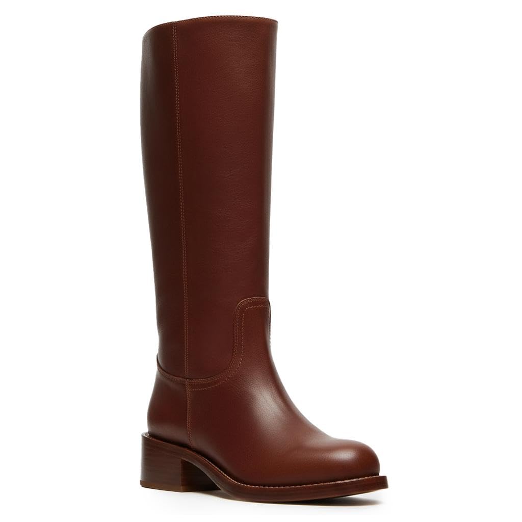 heelchic Womens Mid-Calf Leather Western Boots - Fashionable Round Toe Slip-On with 5 4cm Block Heel for All-Season