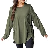 VNIRA Oversized Long Sleeve T Shirts for Women Side Split Round Hem Crew Neck Cotton Work Out Basic Loose Casual Fall Tunic Tops ArmyGreen XL