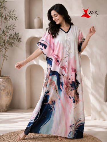 Image of Noty Women's Kaftan Nighty | Digital Print | Sarena Fabric | V Shaped Neck Nightwear | Nightdress for Girl