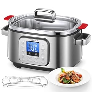 10-in-1 Programmable Slow Cooker 6 Quart with Stainless Steel Pot, Glass Lid, Steaming Rack, and LED Display