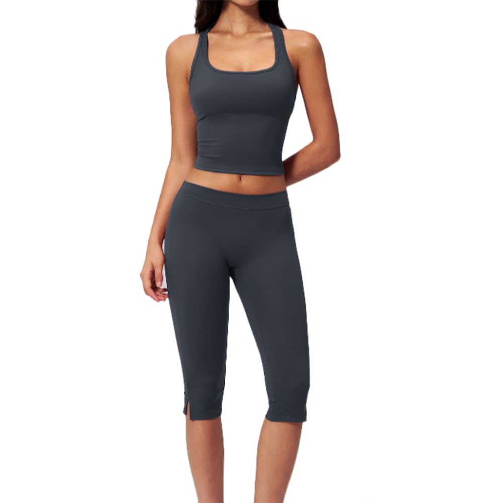 Jpxjgt Women's Grey 2-Piece Yoga Set, Square Neck Racerback Tank Top & Low Waist Capri Leggings Clean Fit(Size:m,Color:grey)