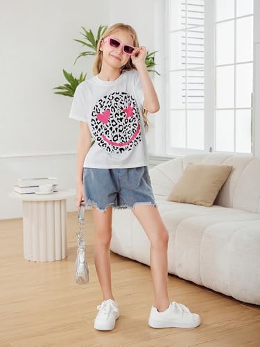 Image of WDIRARA Girl's Leopard Graphic T Shirt Crew Neck Short Sleeve Tee Shirts Cute Tops