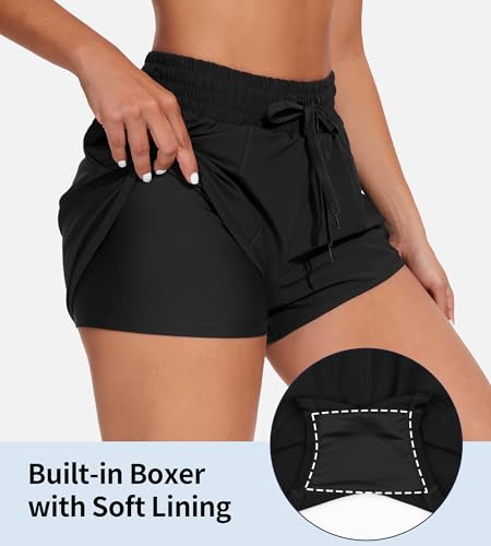 ATTRACO Women's High Waisted Swim Shorts Drawstring Board Shorts with Zipper Pockets Liner3