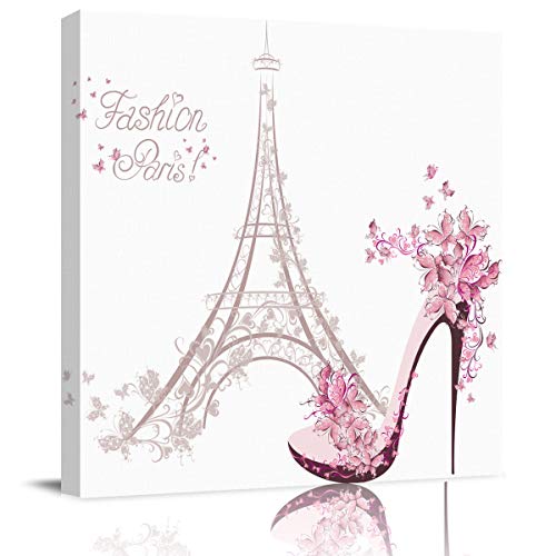 Square Canvas Wall Art Decor, Pink Paris Eiffel Tower Elegent High Heels Oil Painting Prints on Canvas Wall Decoration for Living Room Bedroom,Stretched and Frame,Ready to Hang-16x16in