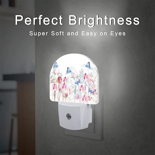 Image of Pink Tulip Flowers and Butterflies Night Light Plug into Wall,Watercolor Spring Floral Dusk to Dawn Night Light Plug in,0.5w Energy Saving Sleep Friendly NightLight for Kids Boys Girls Home Decor