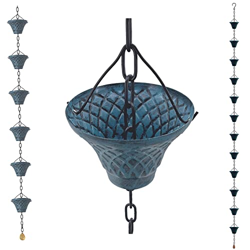 LEPTALINA [Upgraded] Bell 8.5FT Antique Sky-Blue (Double-Sided) Rain Chains for Drain Gutter Through Downspouts and Rain Barrel (not Included an Adapter)