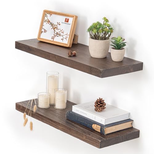 Image of Fun Memories Floating Shelves for Wall, 24 inchx9.3 inch Rustic Solid Elm Wood Shelves, Heavy-Duty Wall Mounted Shelves with Invisible Brackets, Set of 2 for Living Room, Bedroom, Kitchen, Walnut Finish