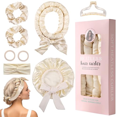 Rizadores de Pelo Sin Calor, GeeRic Heatless Curls Rulos Juego de Rizadores de Satén Sin Calor con Gomas Elásticas+Gorro de Ducha+ Diademas +Pinzas para El Hogar y Fiestas Seda