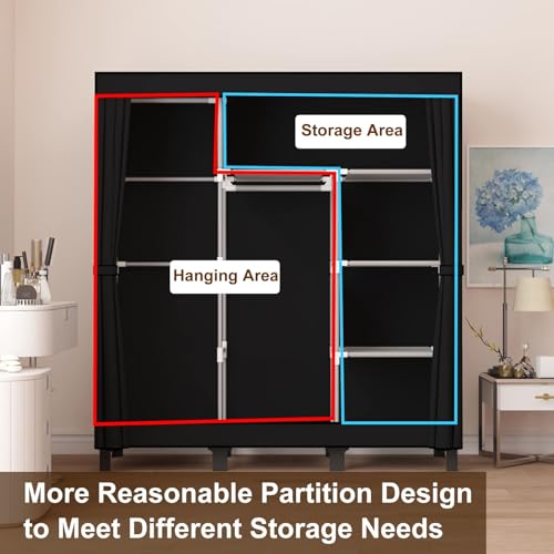 LOEFME Kleiderschrank, Stoffschrank, Faltbarer Kleiderschrank mit Kleiderstange, Stoffkleiderschrank mit 18 Seitentaschen, 45 x 130 x 172 cm, Grau (Schwarz-2)
