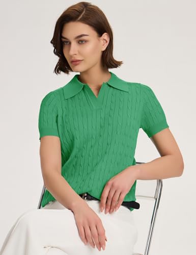 Image of Micoson Womens Short Sleeve Sweater Tops Lapel V Neck Polo Shirts 2026 Summer Cable Knit Loose Blouse Business Casual Outfits
