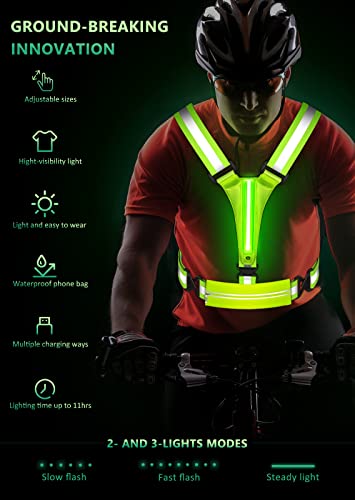 Ylzzrs Led Reflective Vest Running Gear, Usb Rechargeable Light Up Running Vest Chest Phone Holder For Runners Night Walking,6-11Hrs Light Adjustable Waist/Shoulder For Women Men Kids (Green) #TOP3