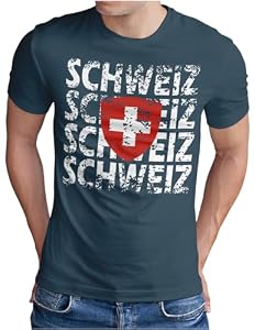 OM3® Switzerland T-Shirt - Herren - Schweiz Teamshirt Helvetia Swiss Suisse Flagge Fussball WM 2026 Fanshirt I - Denim, XL