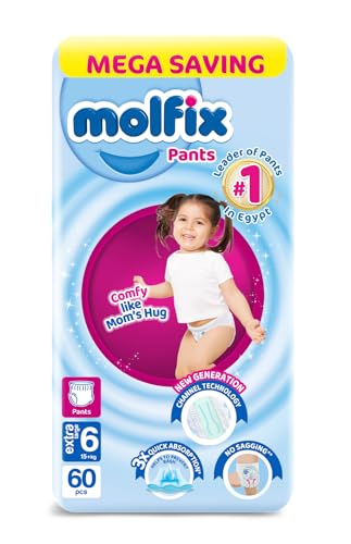 حفاضات مولفيكس (Molfix) على شكل سروال، مقاس 6، عبوة ميجا، للأوزان 15+ كجم، 60 قطعة، مصنوعة من القطن